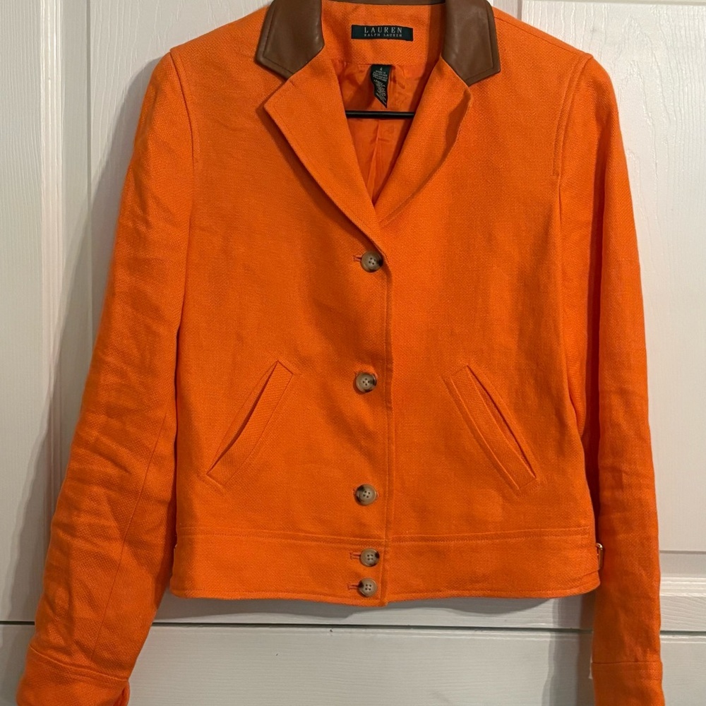 Ralph Lauren Orange Linen Blazer with Brown leather  Collar and gold buckles 4